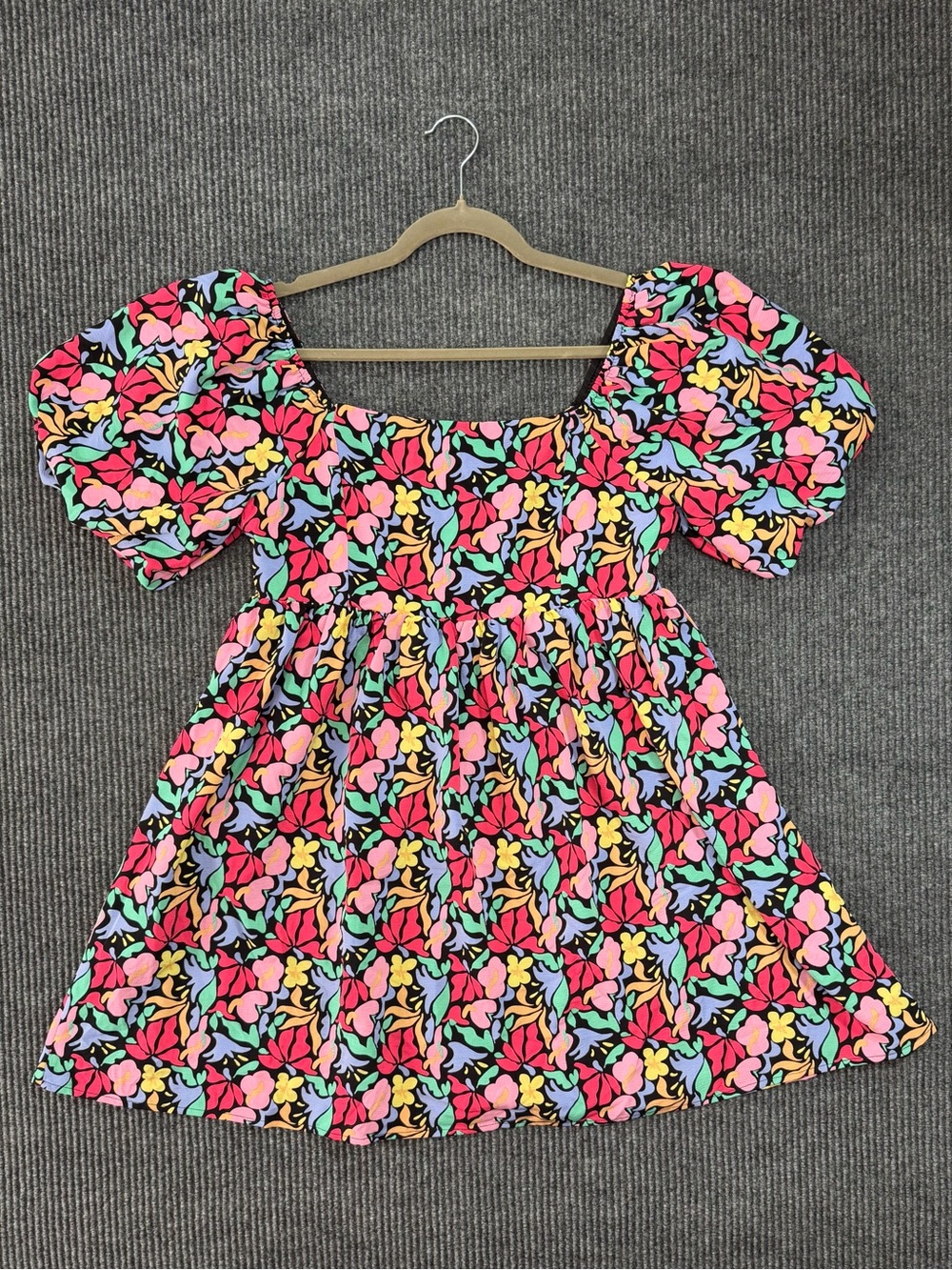 NWT BiBi Bright Floral Square Neck Puff Sleeve Babydoll Mini Dress Size M